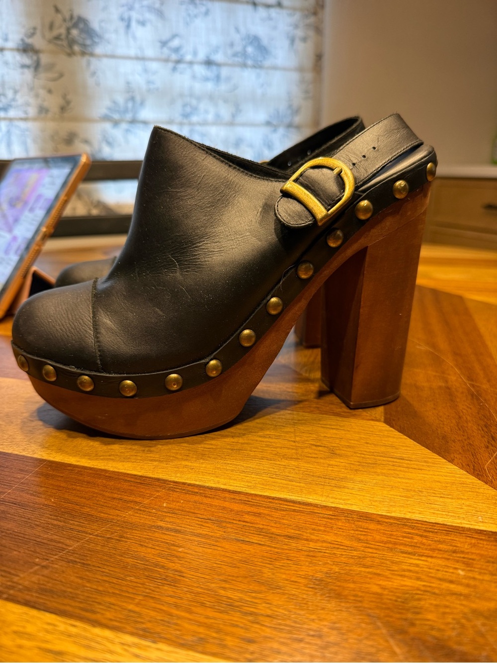 Woodies Jeffrey Campbell “Charlie” Black Leather Studded Wood Platform Clog